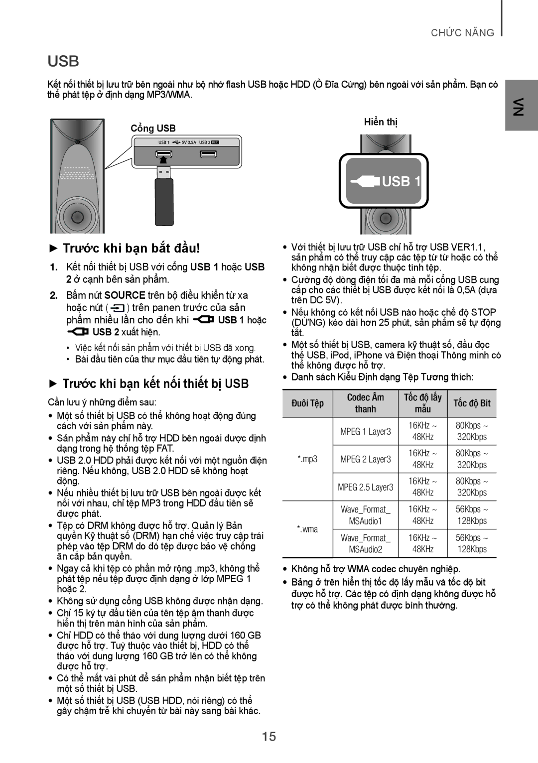 Samsung TW-H5500/XV manual Usb, ++Trước khi bạn bắt đầu, ++Trước khi bạn kết nối thiết bị USB, Cổng USB 