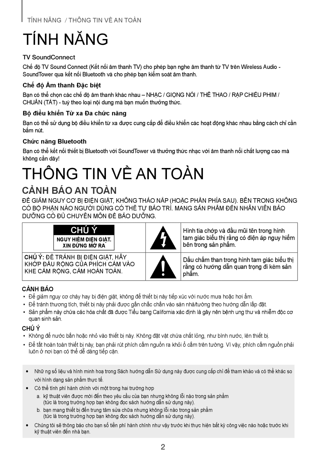 Samsung TW-H5500/XV manual TÍNH Năng, Thông TIN VỀ AN TOÀN, Cảnh Báo An Toàn 