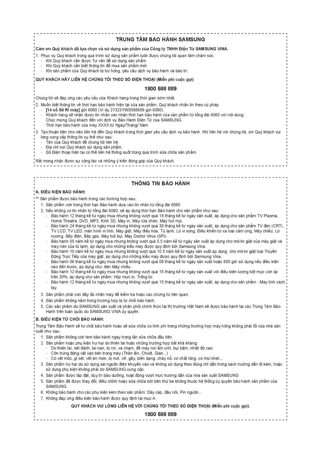 Samsung TW-H5500/XV manual Trung TÂM BẢ̉O HÀ̀NH Samsung, 1800 588 