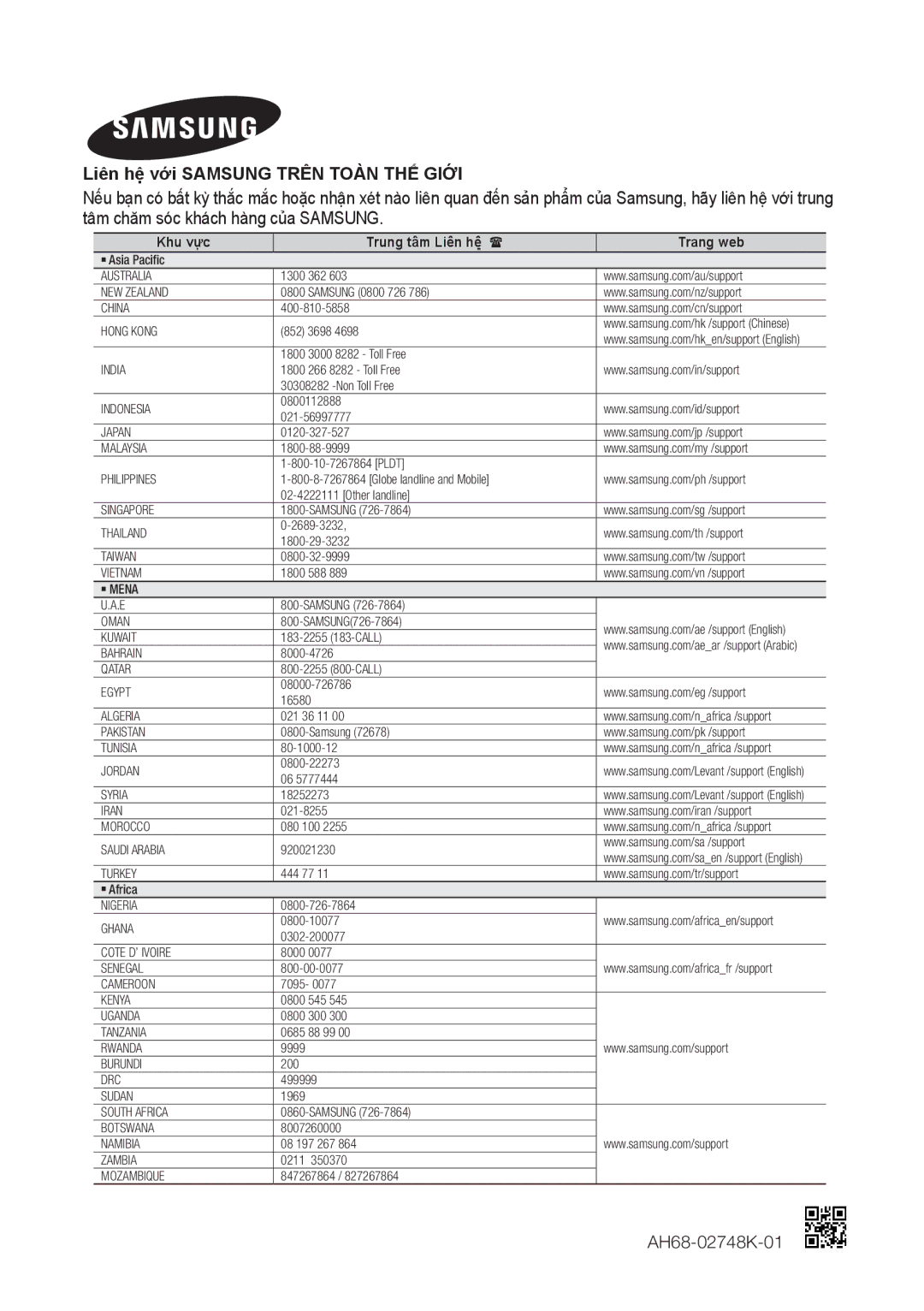 Samsung TW-H5500/XV manual Liên hệ̣ vớ́i Samsung Trên TOÀ̀N THẾ́ GIỚ́I, Khu vực Trung tâm Liên hệ   Trang web 