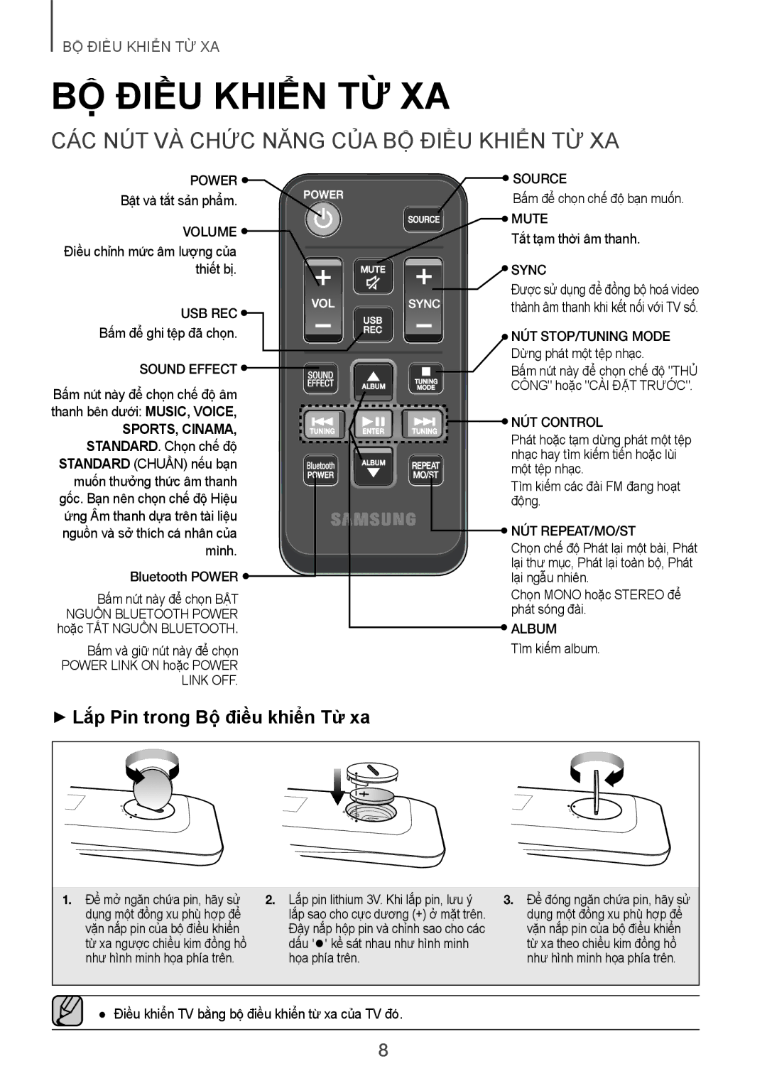 Samsung TW-H5500/XV manual CÁC NÚT VÀ CHỨC Năng CỦA BỘ ĐIỀU Khiên TỪ XA, ++Lắp Pin trong Bộ điều khiển Từ xa 