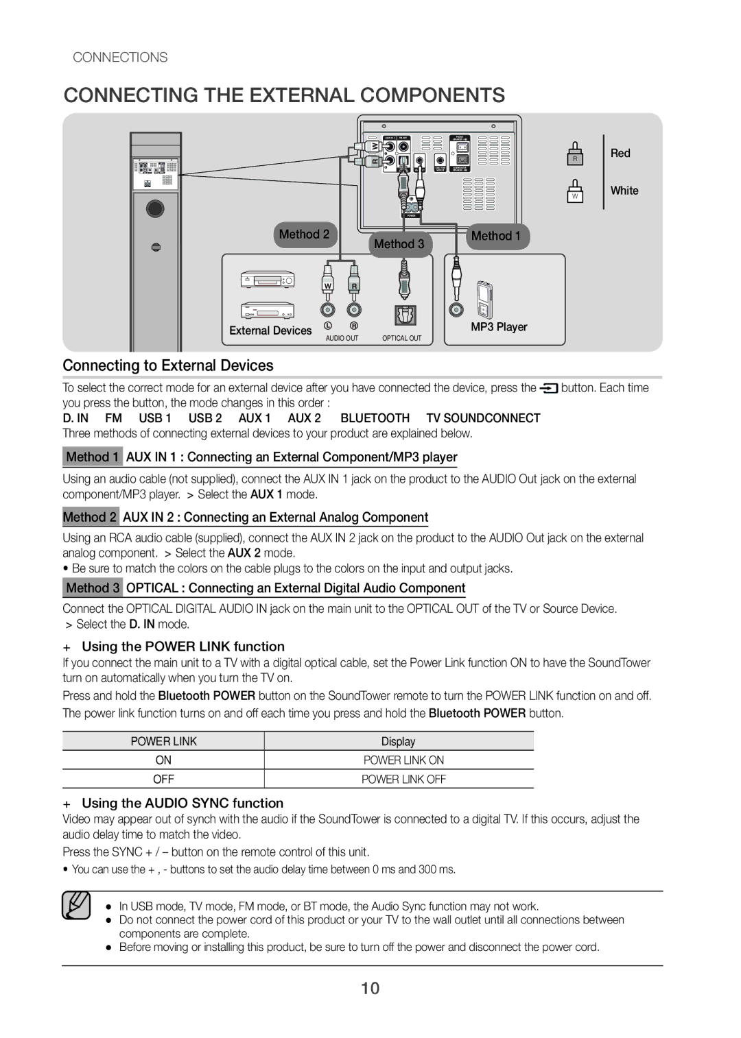 Samsung TW-H5500/XV Connecting the External Components, Connecting to External Devices, ++ Using the Power Link function 