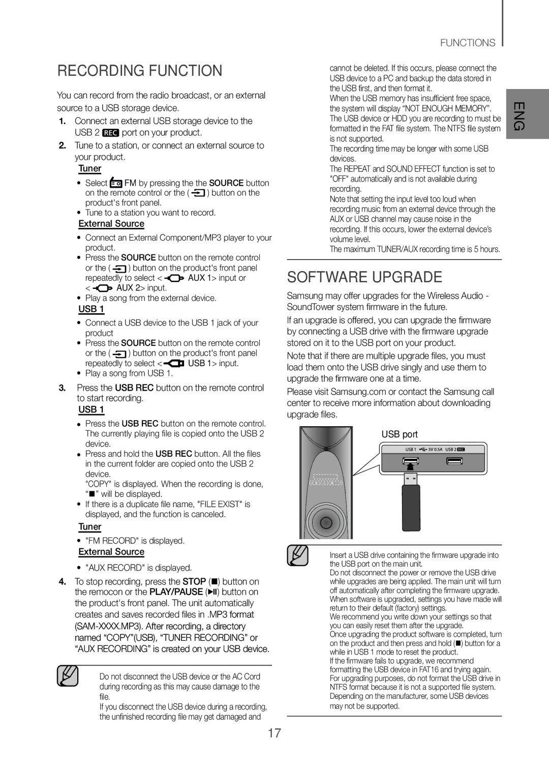 Samsung TW-H5500/XV manual Recording Function, Software Upgrade, External Source AUX Record is displayed 