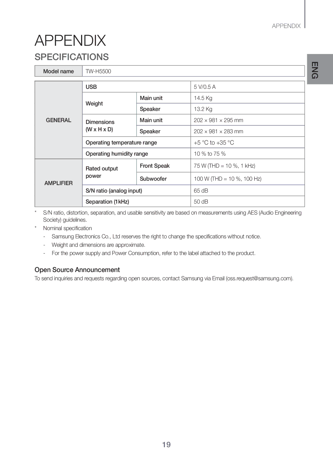 Samsung TW-H5500/XV manual Appendix, Specifications, +5 C to +35 C 