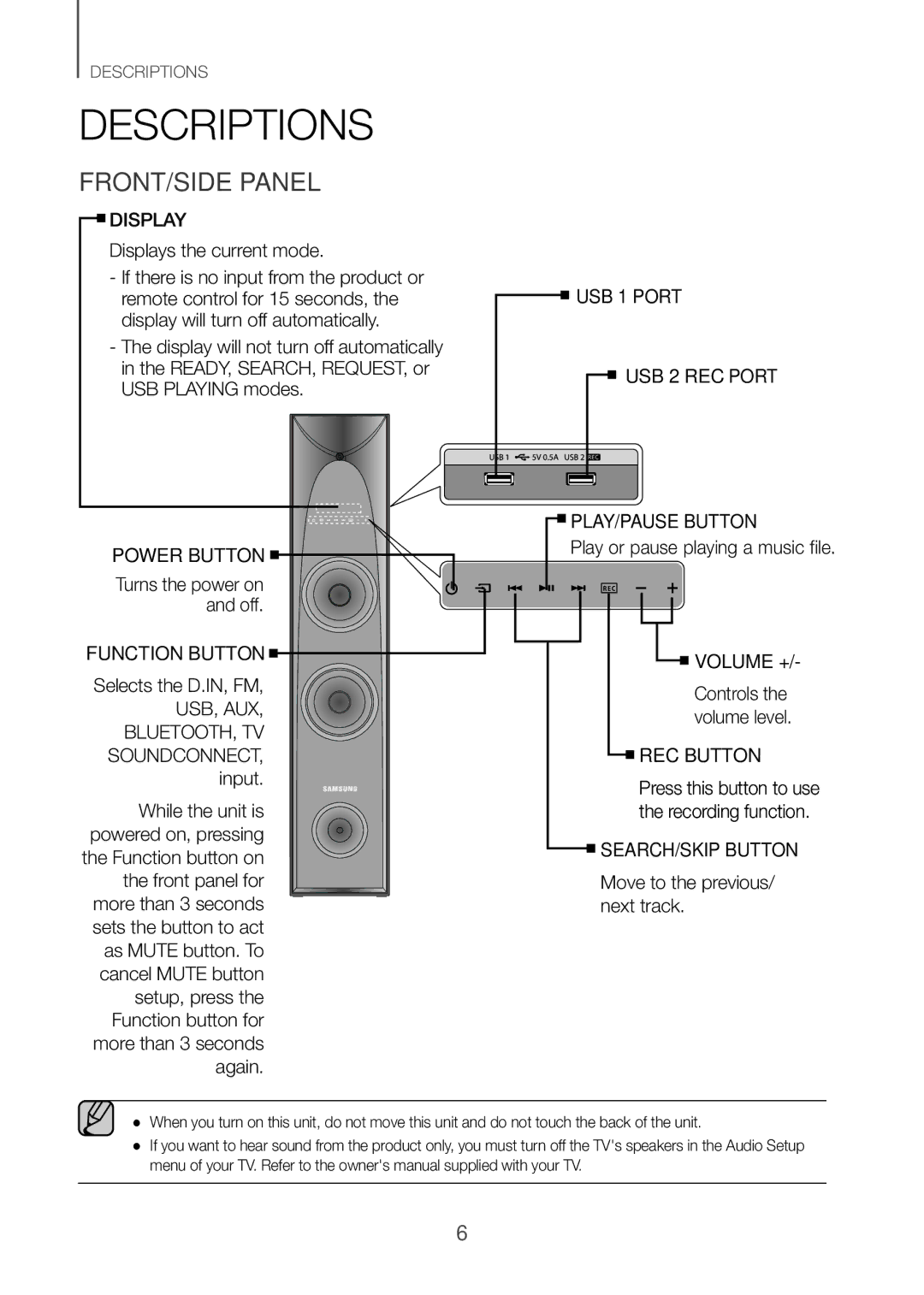 Samsung TW-H5500/XV manual Descriptions, FRONT/SIDE Panel, Turns the power on and off, Controls the volume level 