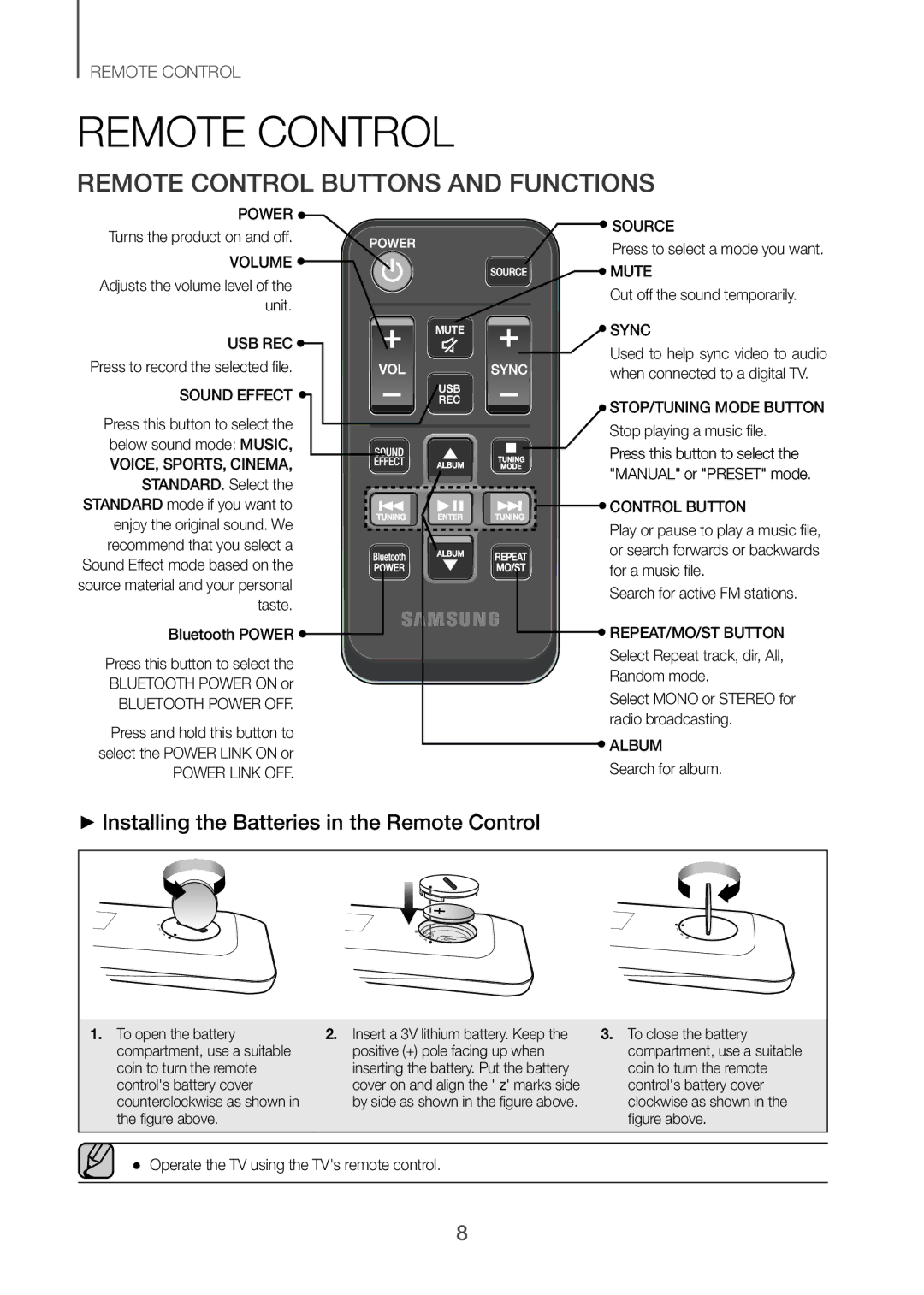 Samsung TW-H5500/XV manual Remote Control Buttons and Functions, ++Installing the Batteries in the Remote Control 