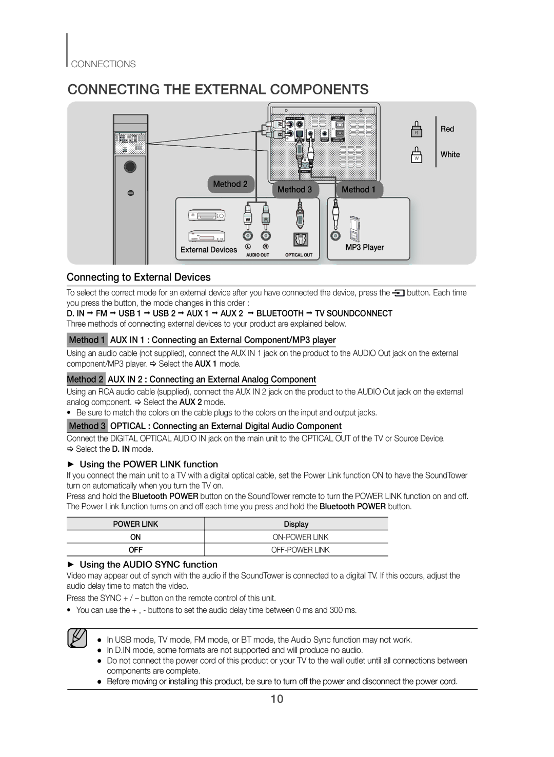 Samsung TW-J5500/ZF Connecting the External Components, Connecting to External Devices, ++ Using the Power Link function 