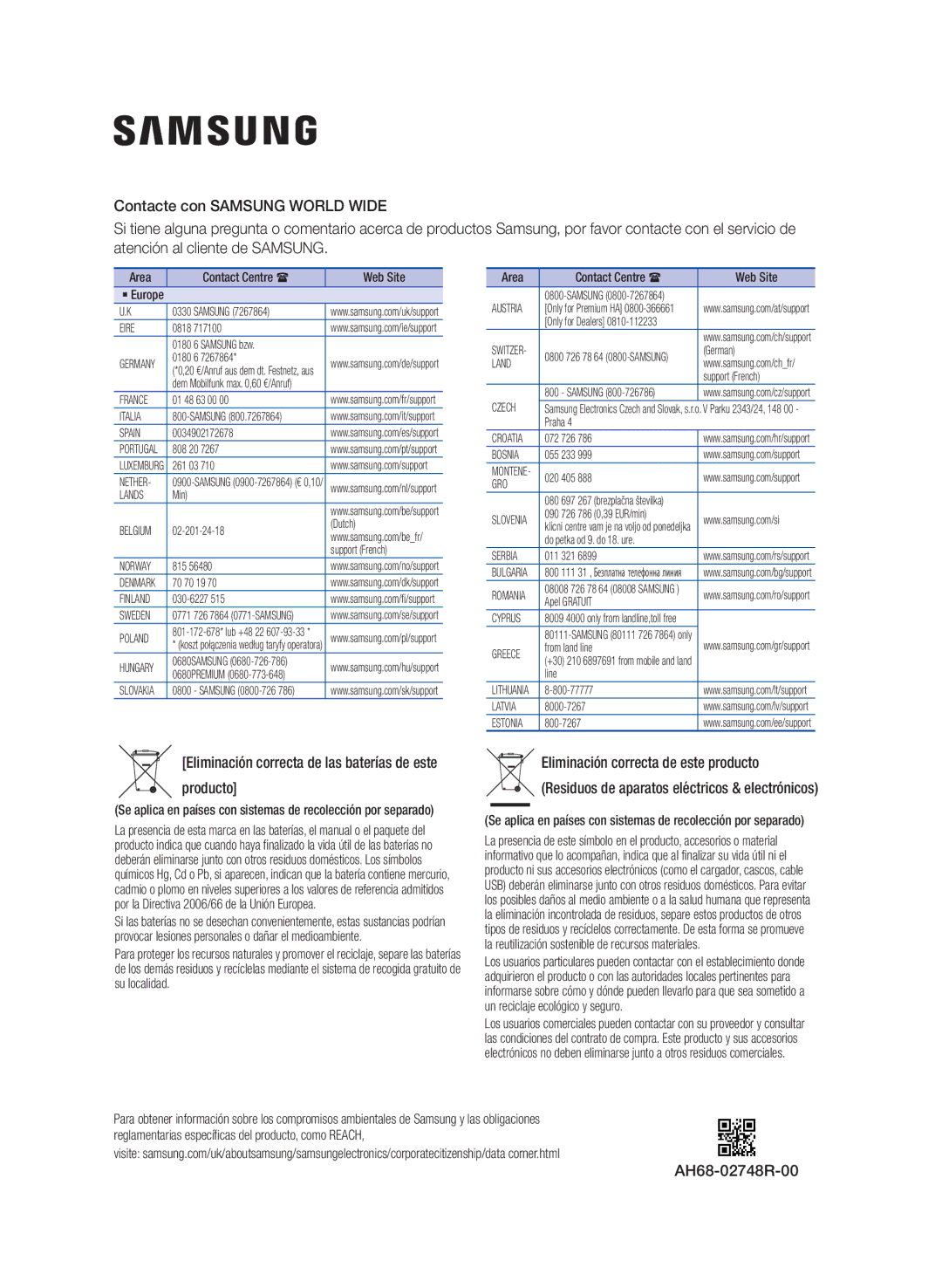 Samsung TW-J5500/ZF manual Eliminación correcta de las baterías de este producto, AH68-02748R-00 