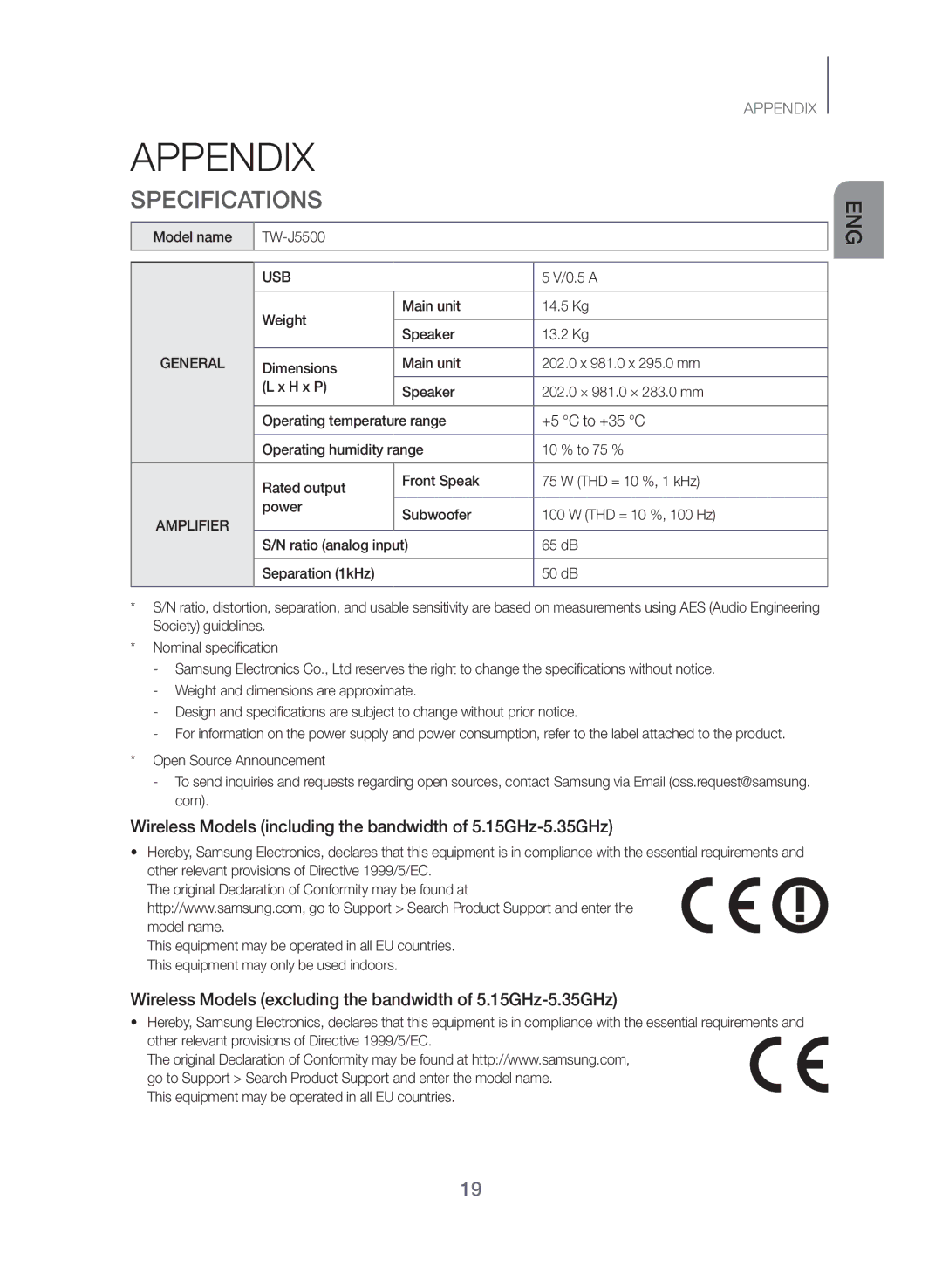 Samsung TW-J5500/ZF manual Appendix, Specifications, +5 C to +35 C 