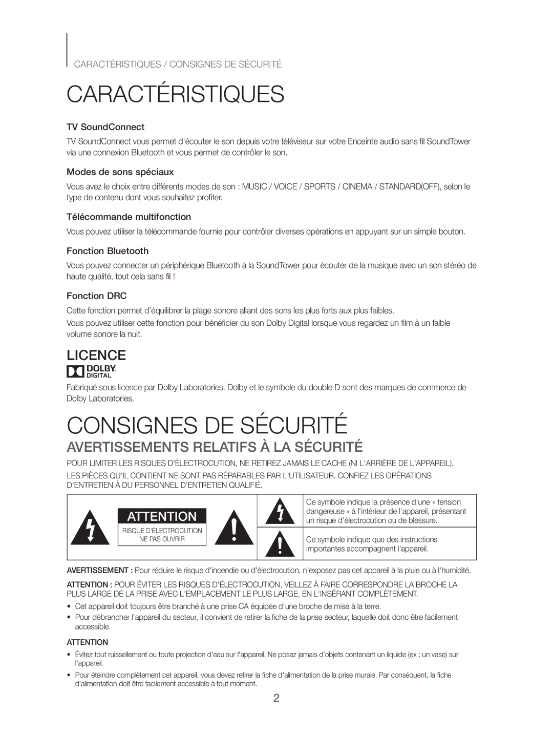 Samsung TW-J5500/ZF manual Caractéristiques, Consignes DE Sécurité, Avertissements Relatifs À LA Sécurité 