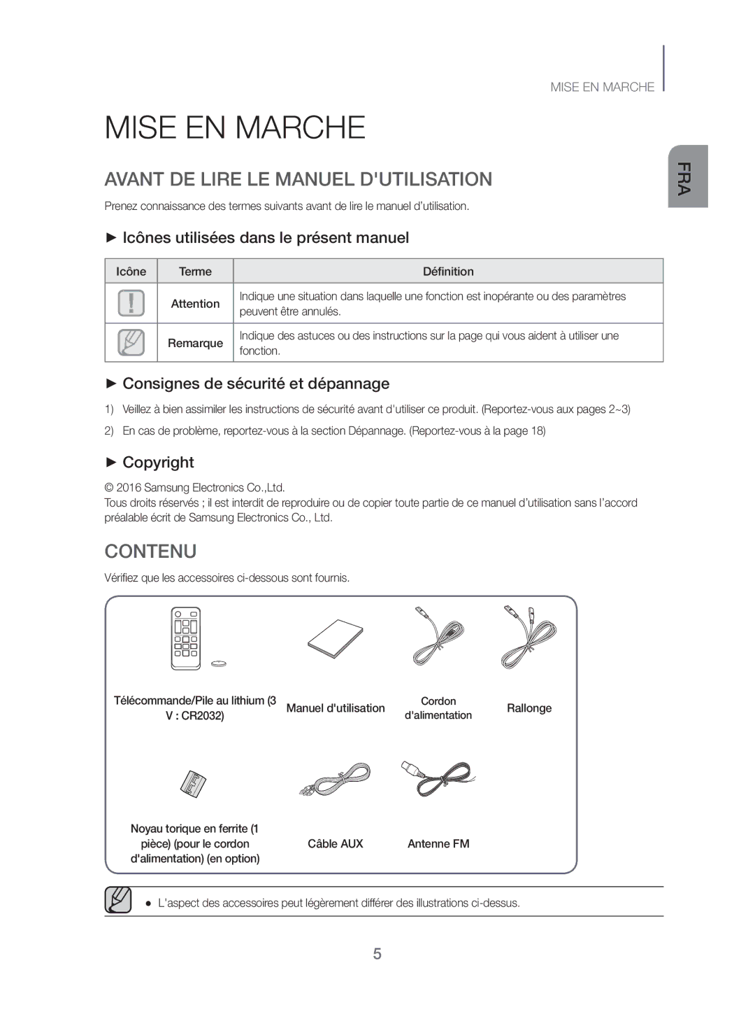 Samsung TW-J5500/ZF Mise EN Marche, Avant DE Lire LE Manuel Dutilisation, Contenu, ++Consignes de sécurité et dépannage 