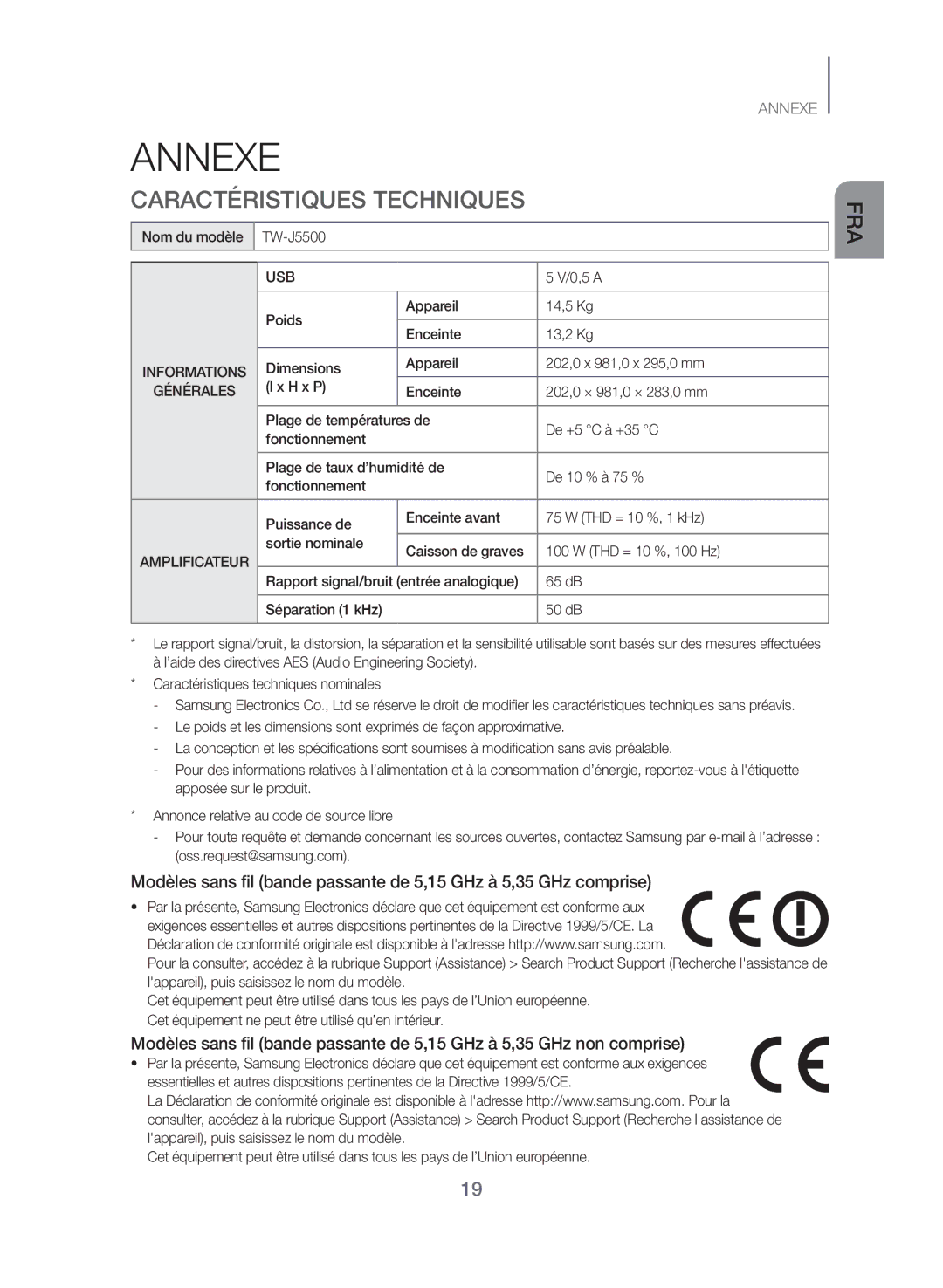 Samsung TW-J5500/ZF manual Annexe, Caractéristiques Techniques, Générales 