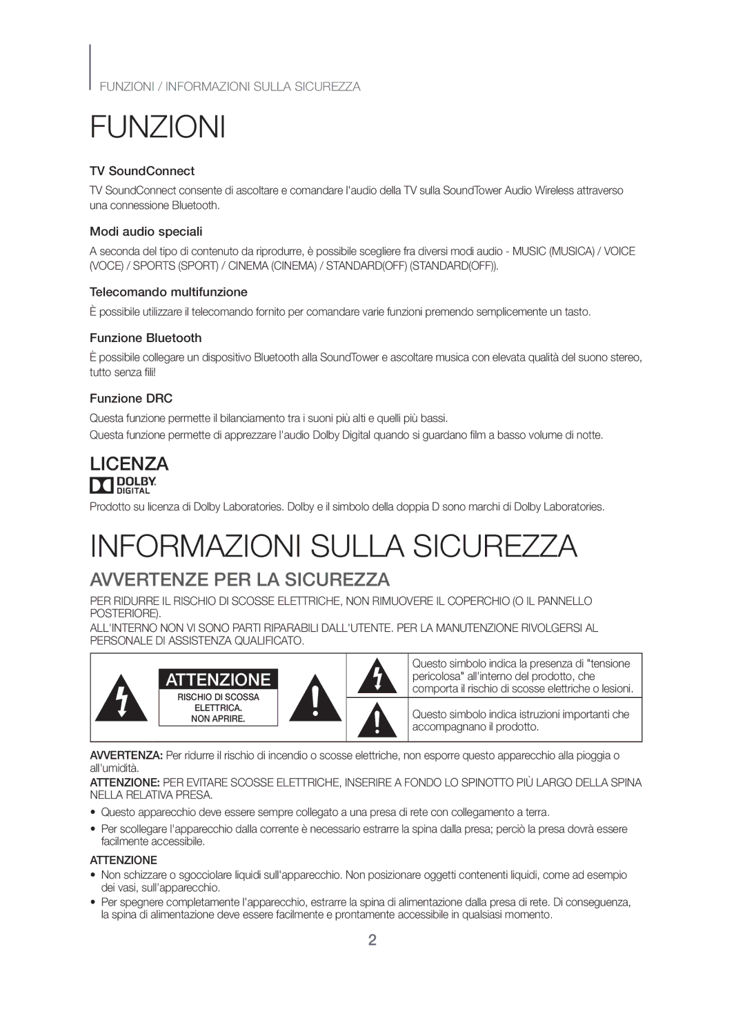 Samsung TW-J5500/ZF manual Funzioni, Informazioni Sulla Sicurezza, Avvertenze PER LA Sicurezza 