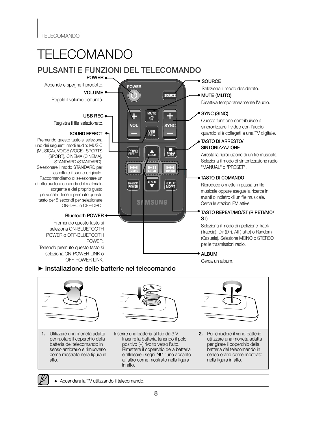 Samsung TW-J5500/ZF manual Pulsanti E Funzioni DEL Telecomando, ++Installazione delle batterie nel telecomando 