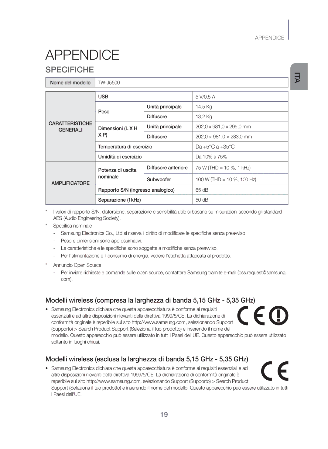 Samsung TW-J5500/ZF manual Appendice, Specifiche, Da +5C a +35C 