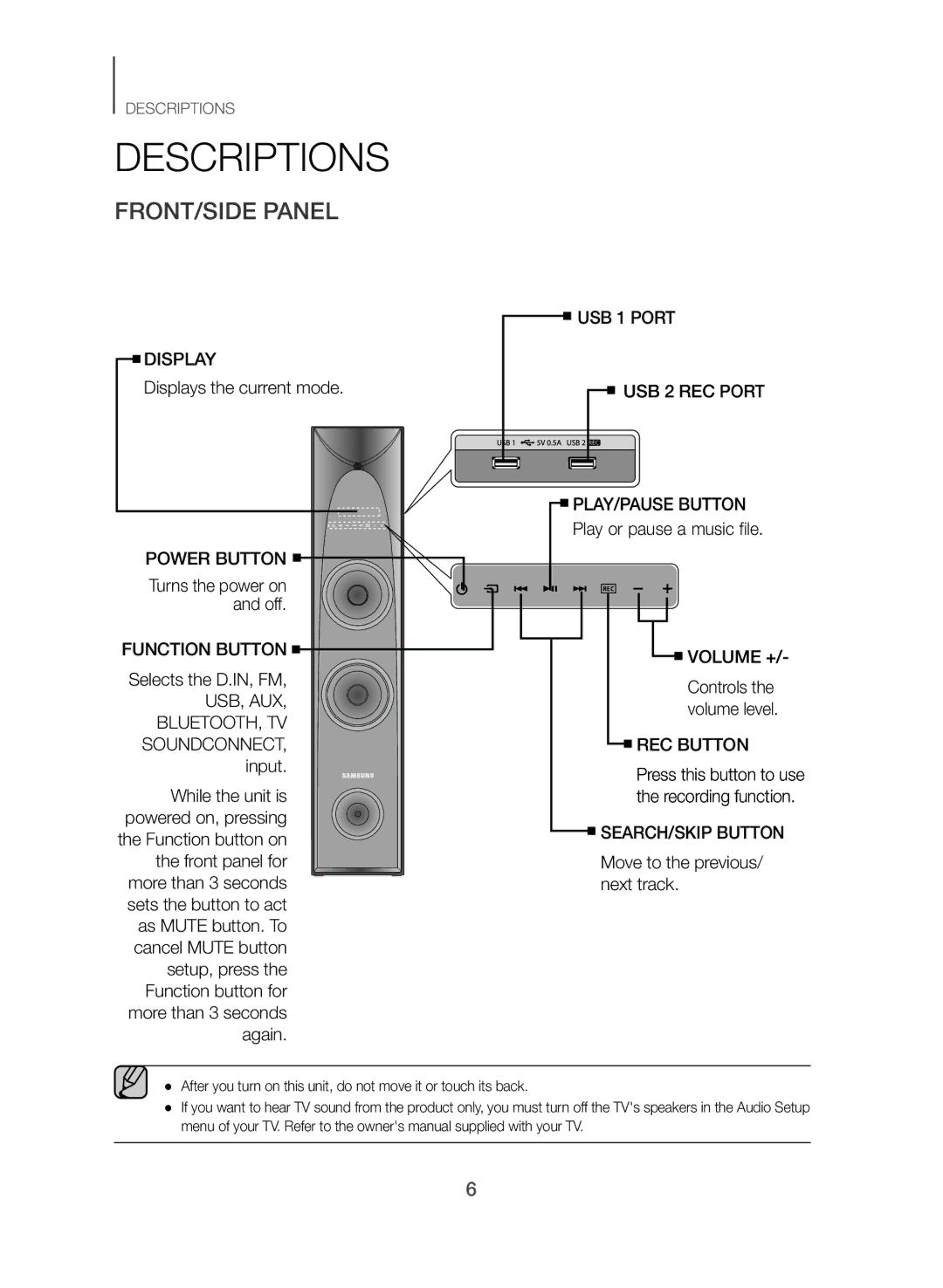 Samsung TW-J5500/ZF manual Descriptions, FRONT/SIDE Panel 