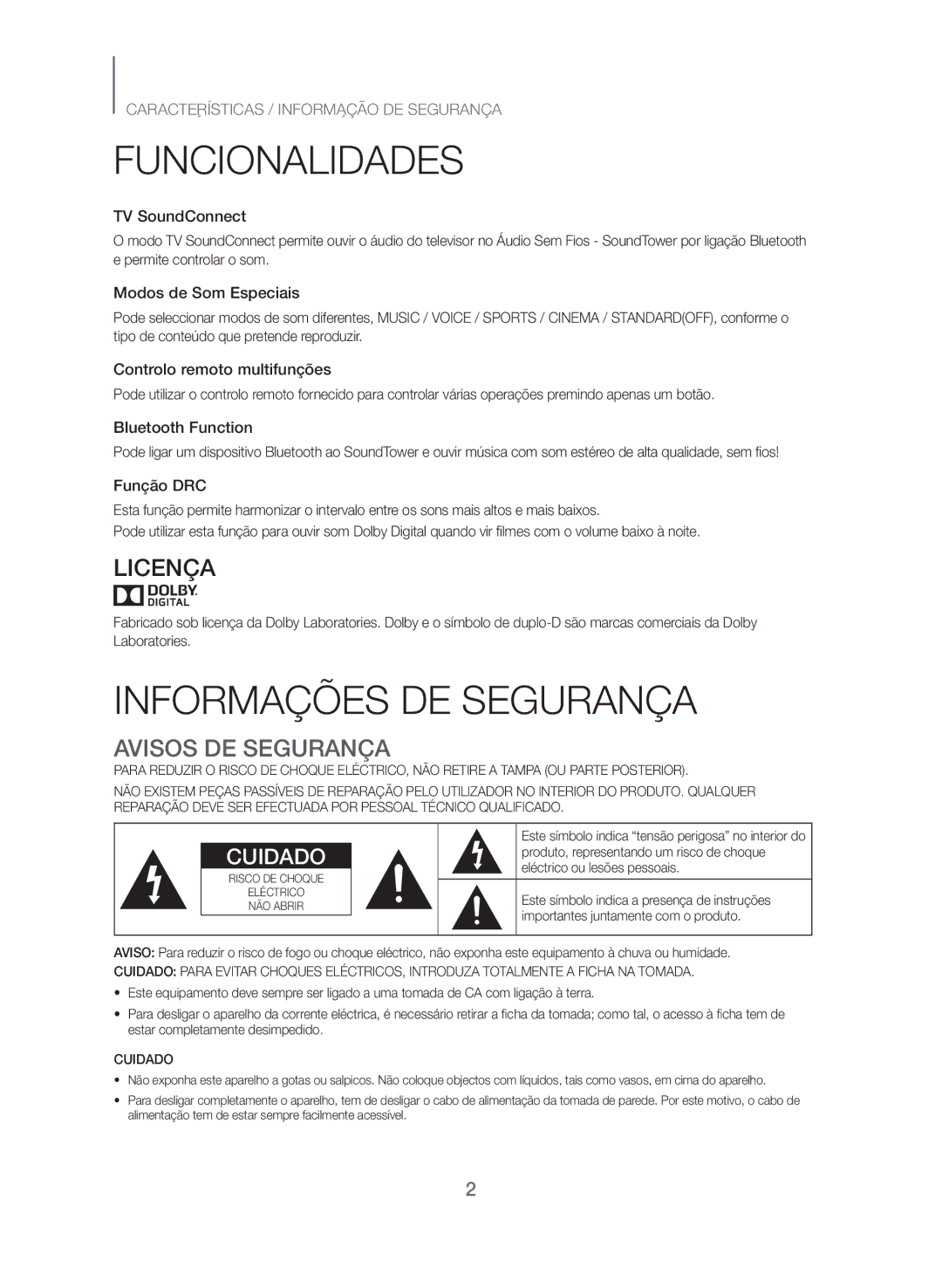 Samsung TW-J5500/ZF manual Funcionalidades, Informações DE Segurança, Avisos DE Segurança 