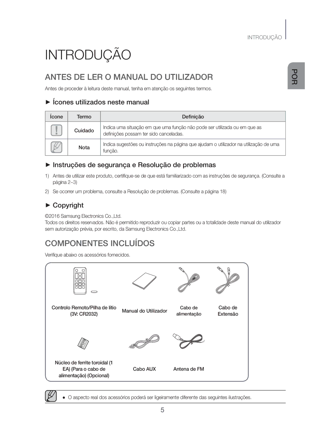 Samsung TW-J5500/ZF manual Introdução, Antes DE LER O Manual do Utilizador, Componentes Incluídos 