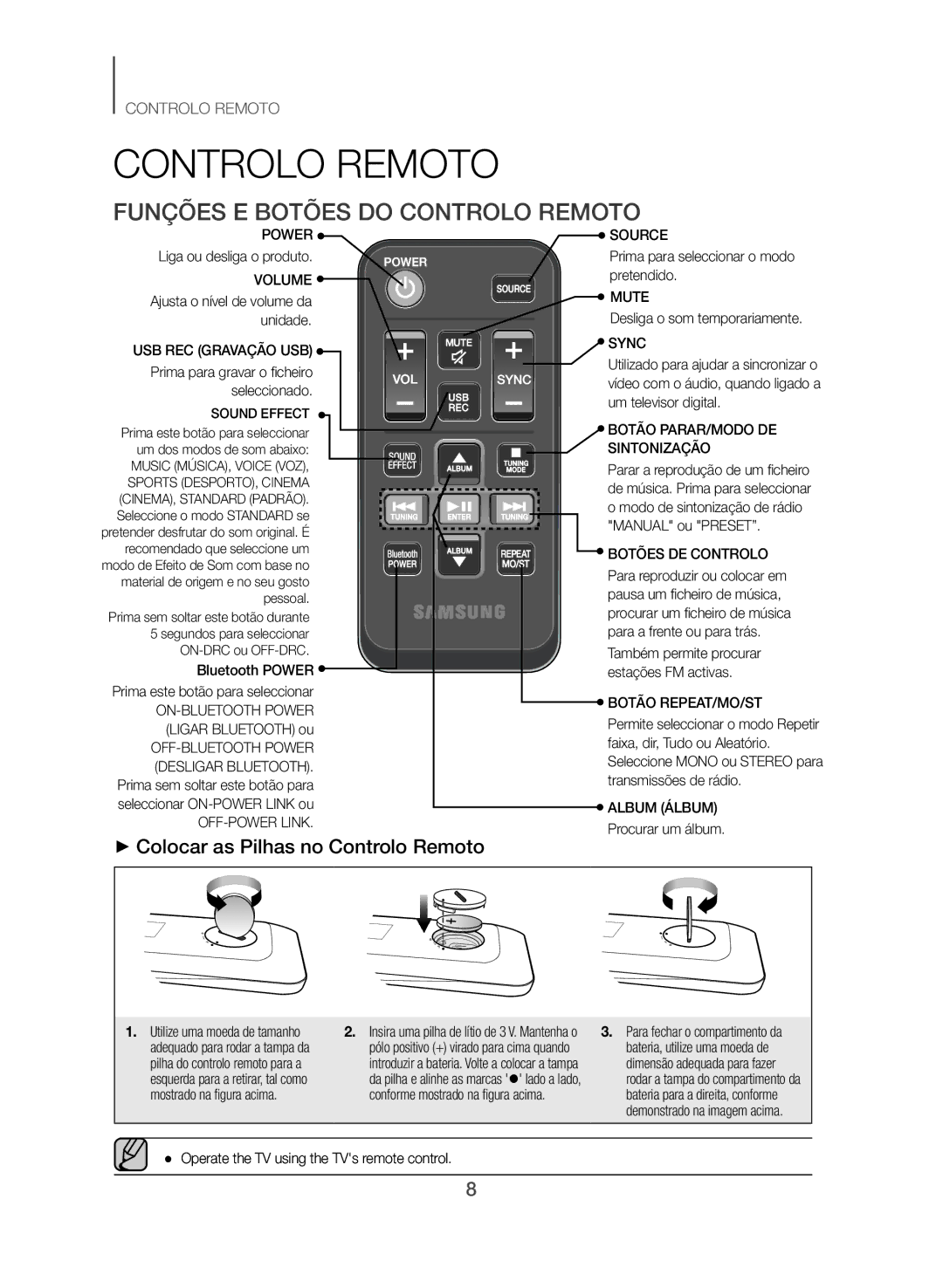 Samsung TW-J5500/ZF manual Funções E Botões do Controlo Remoto, ++Colocar as Pilhas no Controlo Remoto 