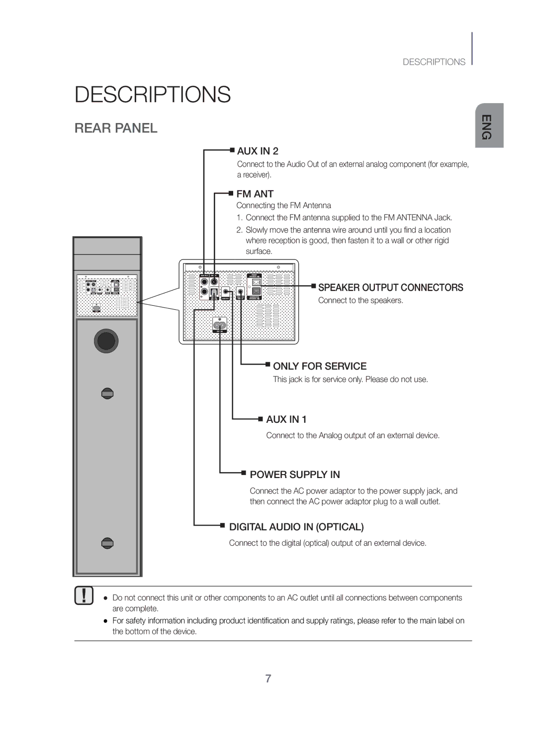 Samsung TW-J5500/ZF manual Rear Panel, Fm Ant, Only for Service, Power Supply, Digital Audio in Optical 