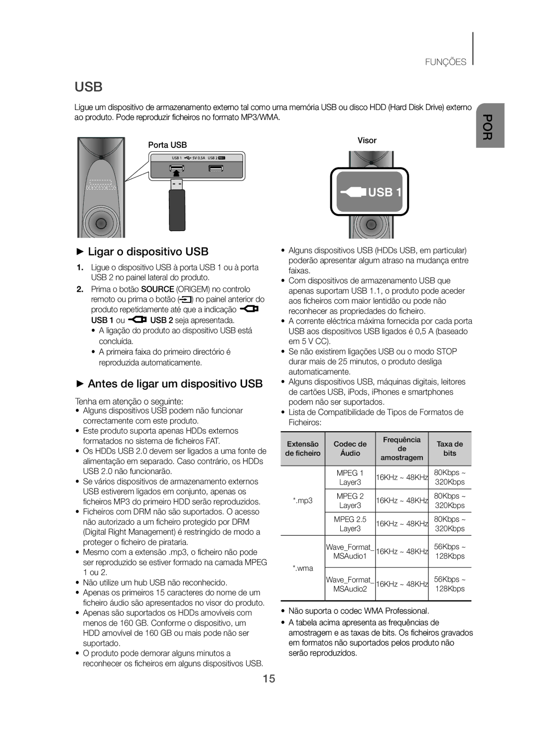 Samsung TW-J5500/ZF manual ++Ligar o dispositivo USB, ++Antes de ligar um dispositivo USB, Tenha em atenção o seguinte 