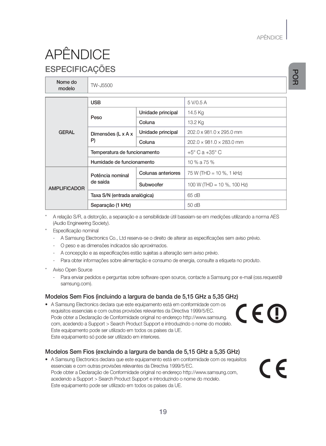 Samsung TW-J5500/ZF manual Apêndice, Especificações, +5 C a +35 C 