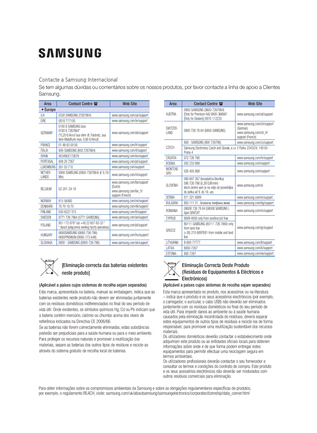 Samsung TW-J5500/ZF manual Contacte a Samsung Internacional, Eliminação correcta das baterias existentes neste produto 