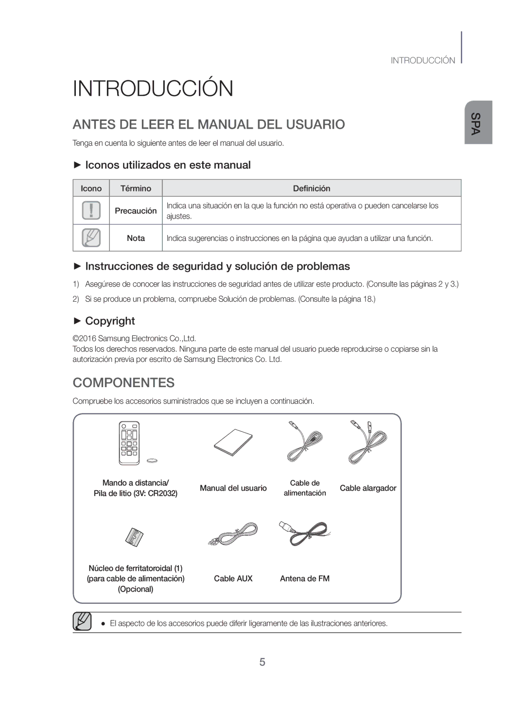 Samsung TW-J5500/ZF Introducción, Antes DE Leer EL Manual DEL Usuario, Componentes, ++Iconos utilizados en este manual 