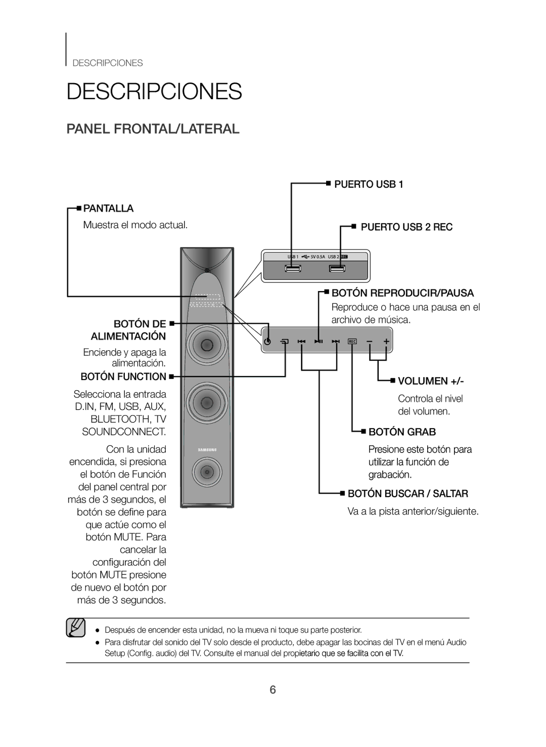 Samsung TW-J5500/ZF manual Descripciones, Panel FRONTAL/LATERAL 