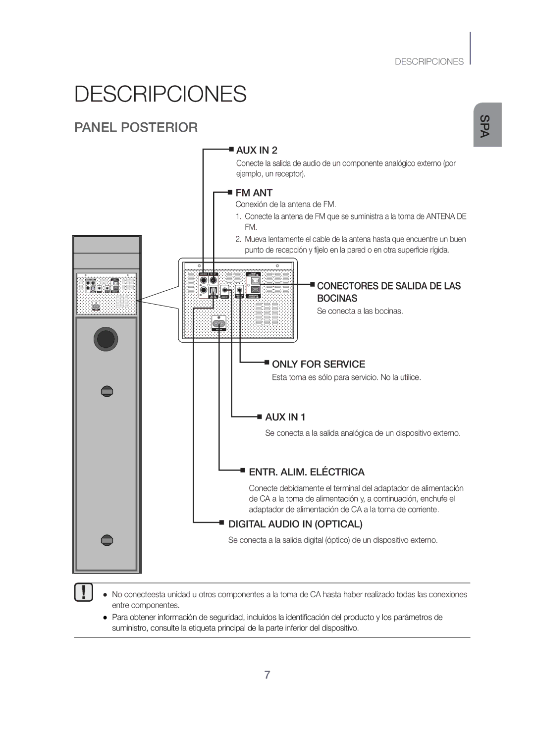 Samsung TW-J5500/ZF manual Panel Posterior, Bocinas, ENTR. ALIM. Eléctrica, Se conecta a las bocinas 