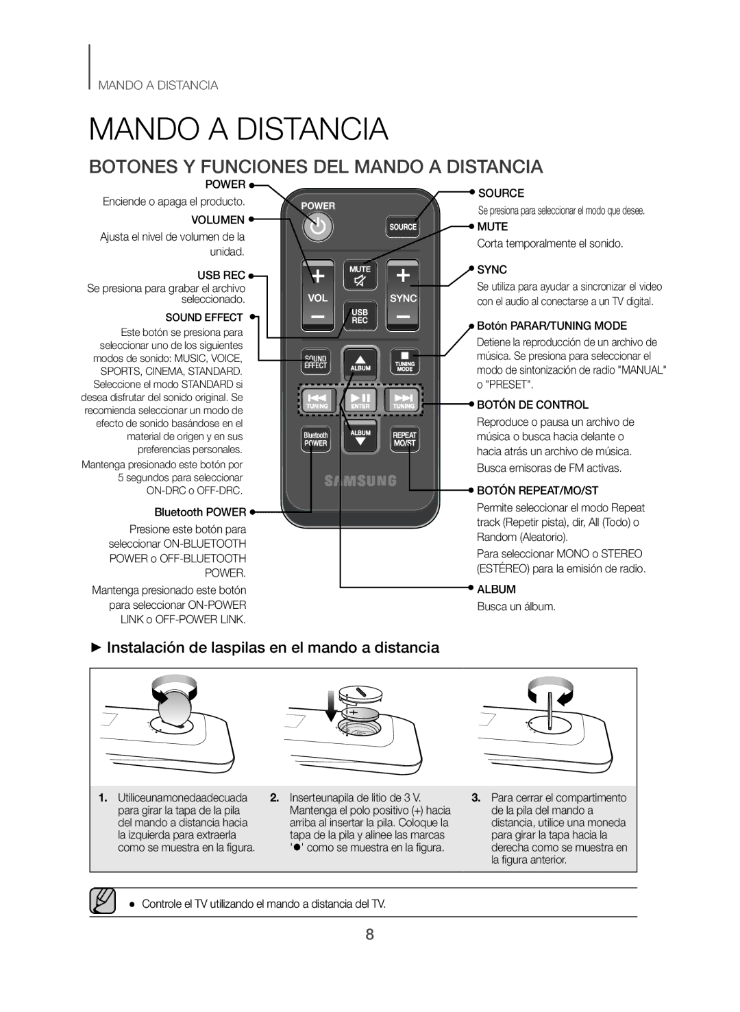 Samsung TW-J5500/ZF manual Botones Y Funciones DEL Mando a Distancia, ++Instalación de laspilas en el mando a distancia 