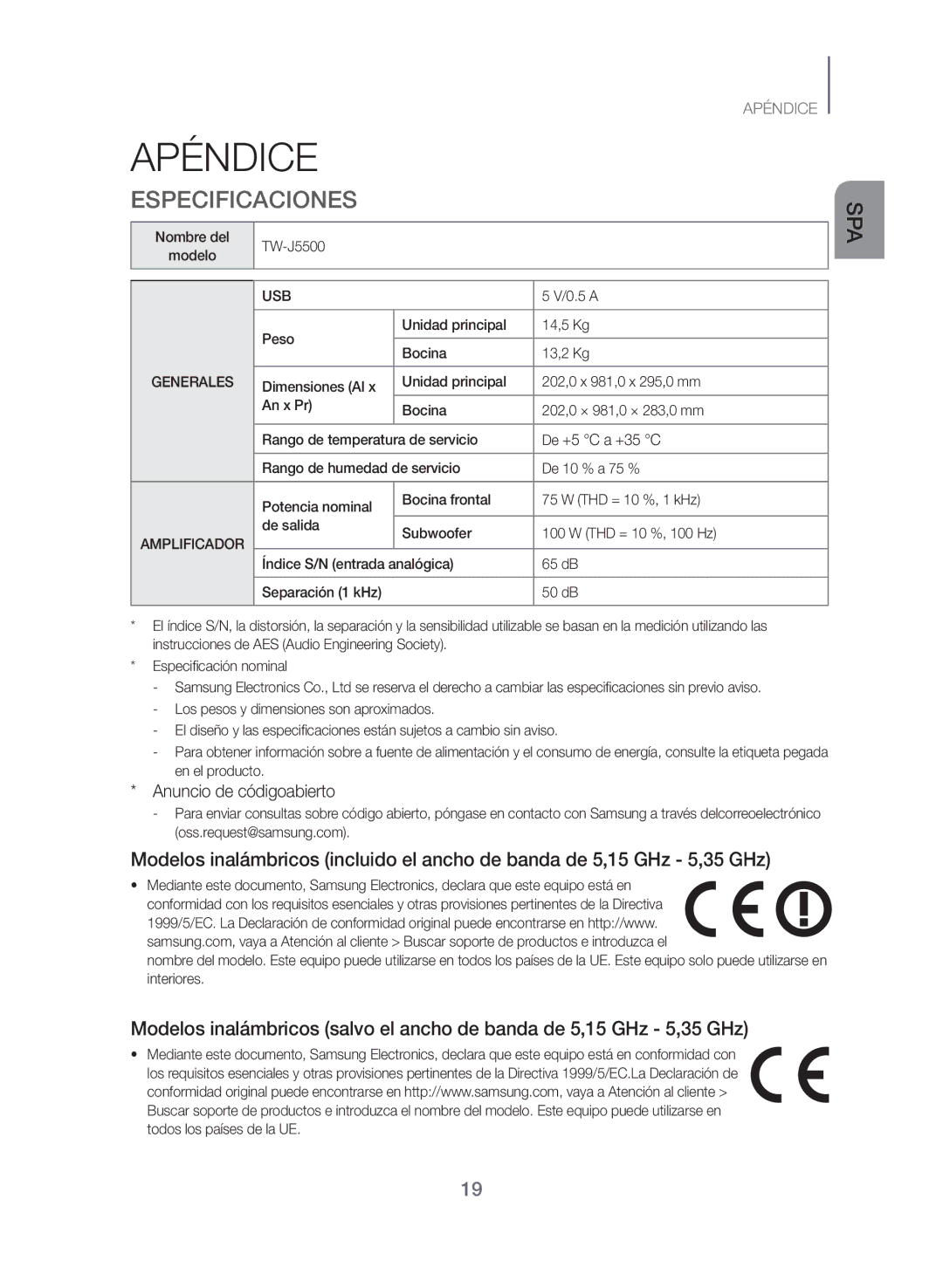 Samsung TW-J5500/ZF manual Apéndice, Especificaciones, De +5 C a +35 C, Nombre del TW-J5500 