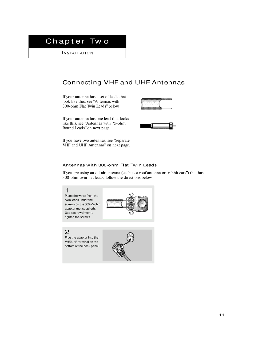 Samsung TX-N2668WH manual Connecting VHF and UHF Antennas, Antennas with 300-ohm Flat Twin Leads 