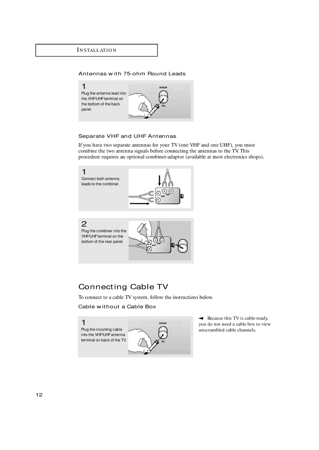 Samsung TX-N2668WH manual Connecting Cable TV, Antennas with 75-ohm Round Leads, Separate VHF and UHF Antennas 