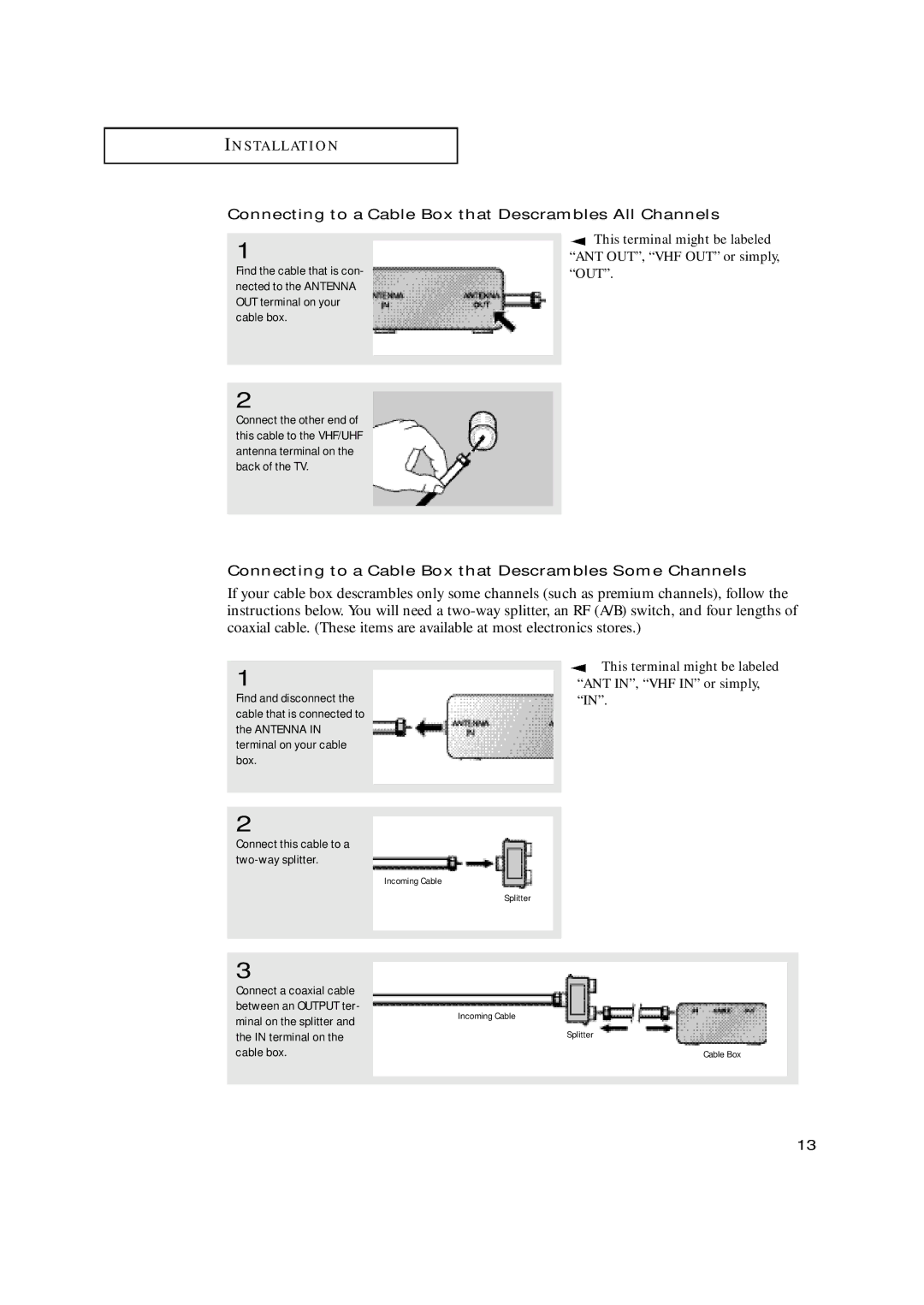 Samsung TX-N2668WH manual Connecting to a Cable Box that Descrambles All Channels, Connect this cable to a two-way splitter 