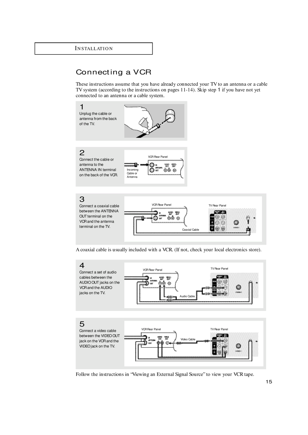 Samsung TX-N2668WH manual Connecting a VCR, Unplug the cable or antenna from the back of the TV 