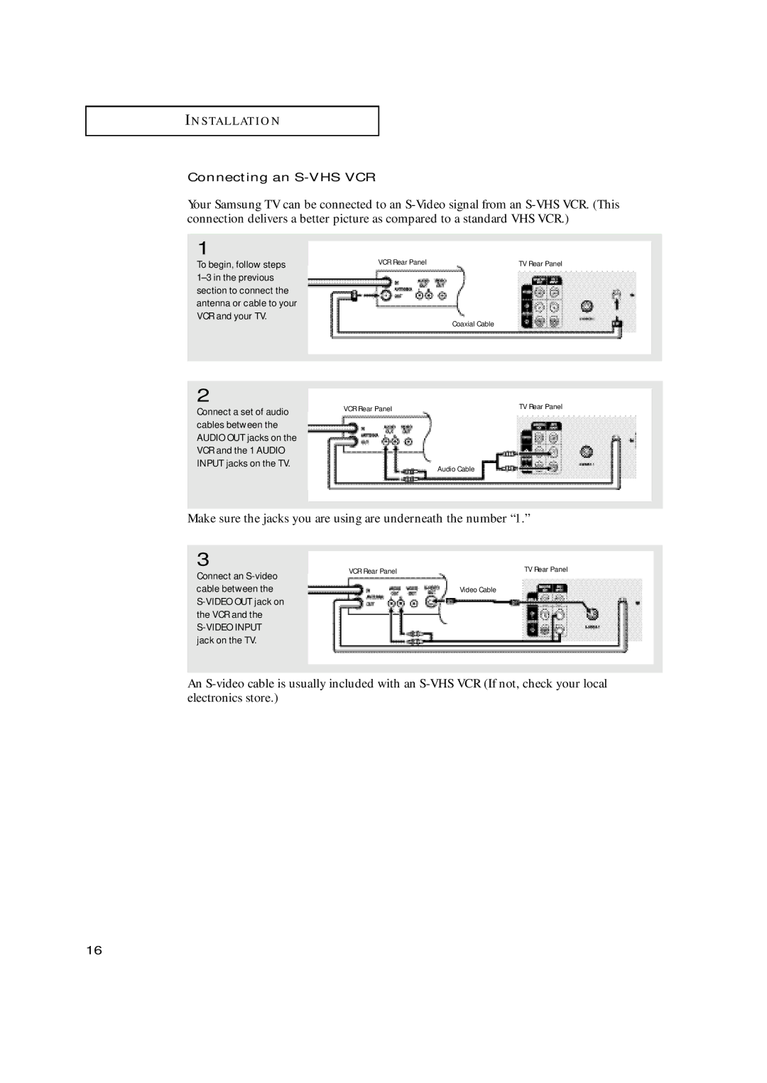 Samsung TX-N2668WH manual Make sure the jacks you are using are underneath the number, Connecting an S-VHS VCR 