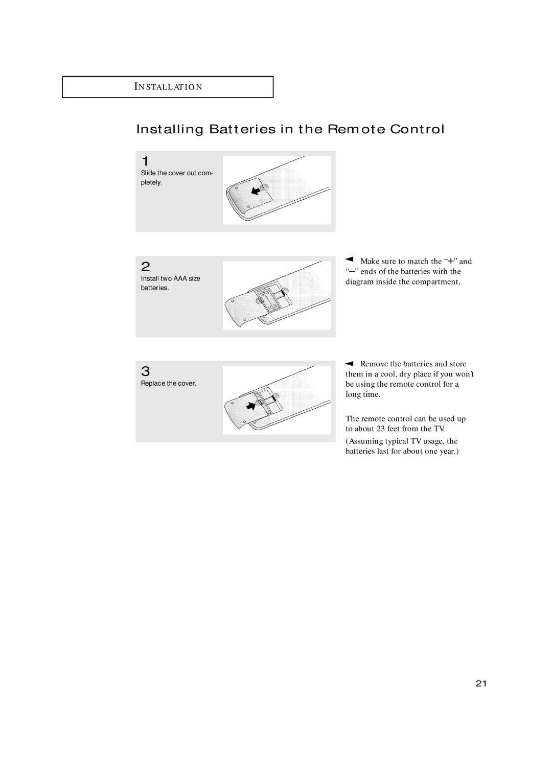 Samsung TX-N2668WH manual Installing Batteries in the Remote Control 