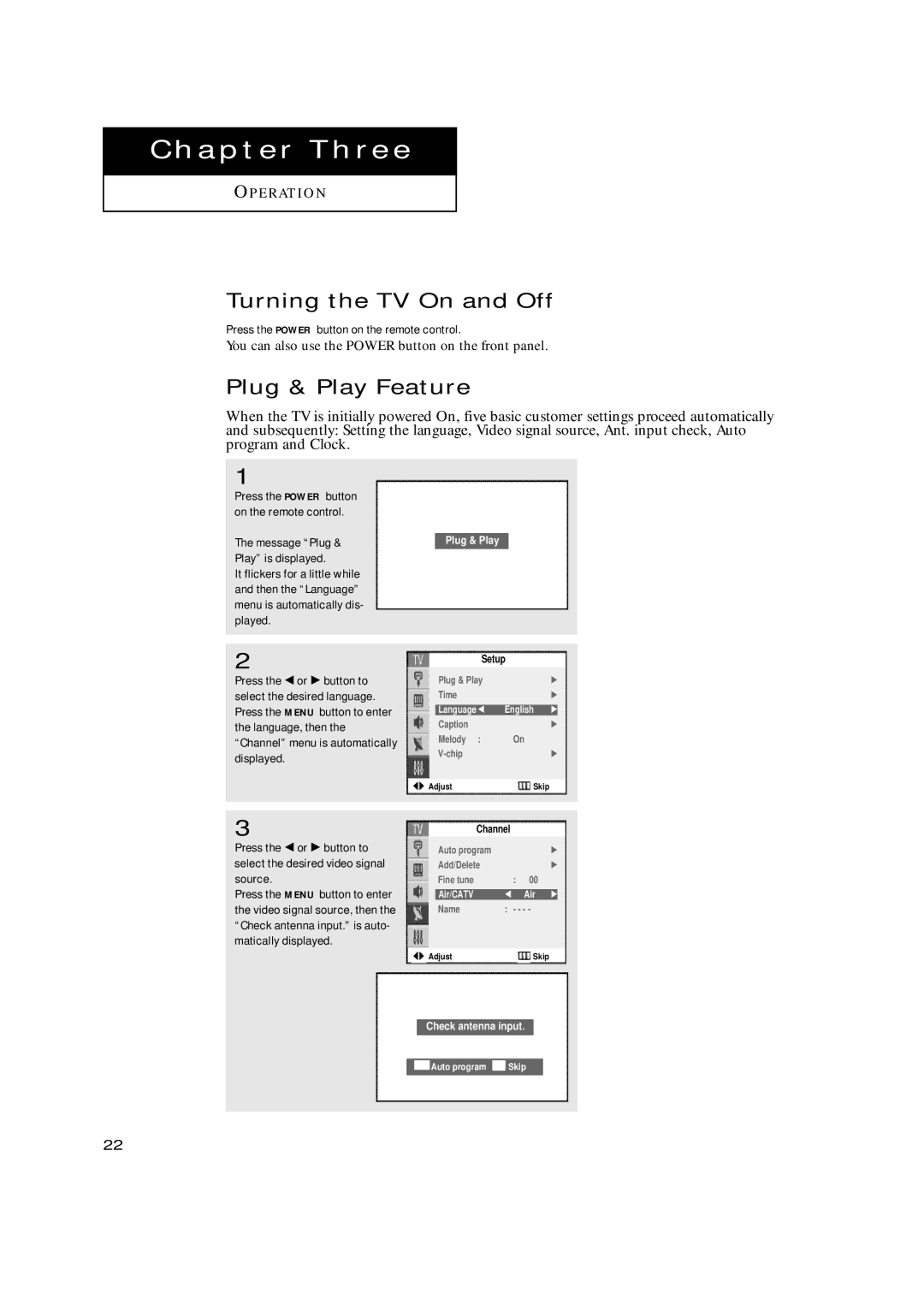 Samsung TX-N2668WH manual Turning the TV On and Off, Plug & Play Feature, Press the Power button on the remote control 