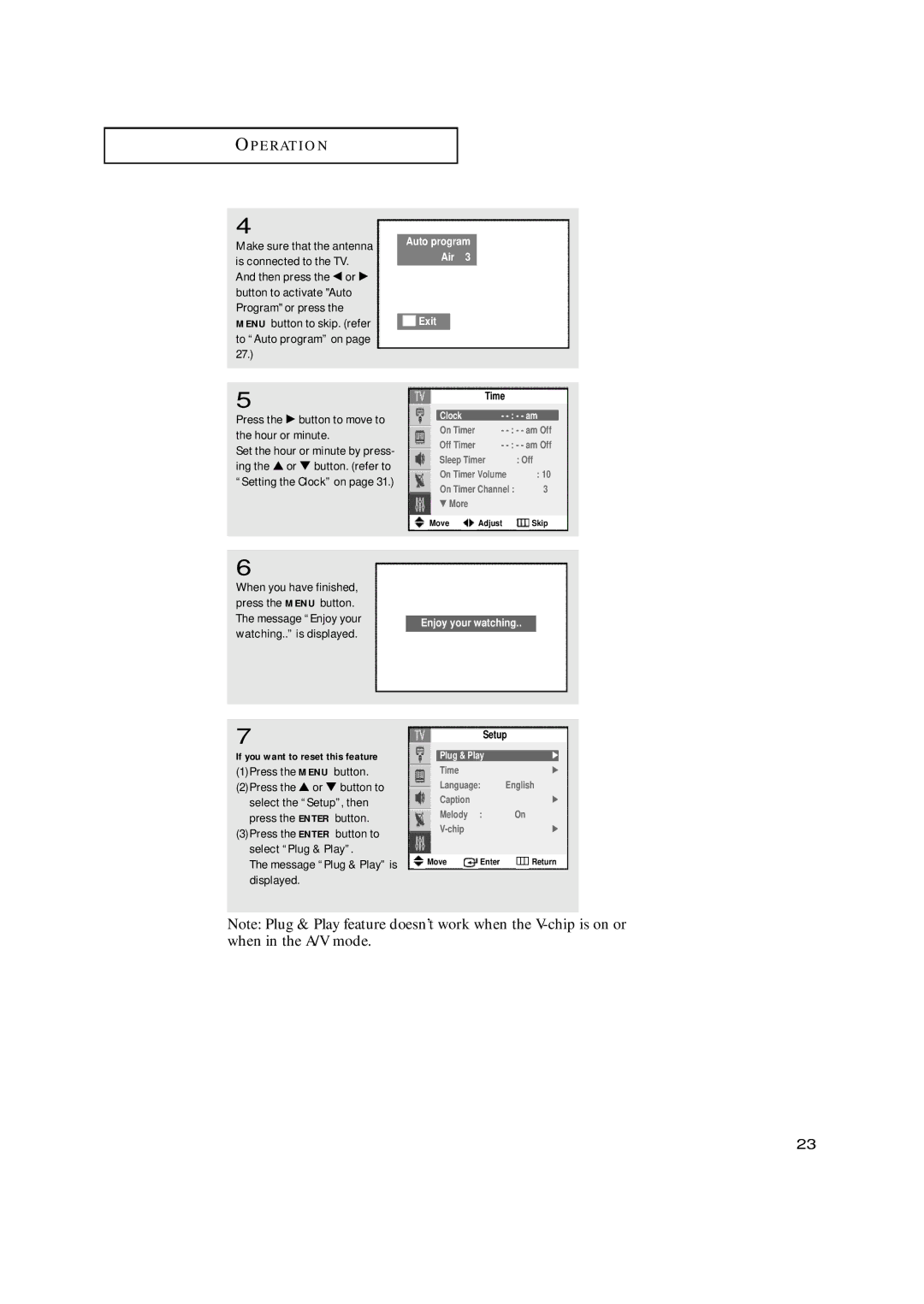 Samsung TX-N2668WH manual Press the √ button to move to the hour or minute, Message Plug & Play is displayed, Exit, Clock 