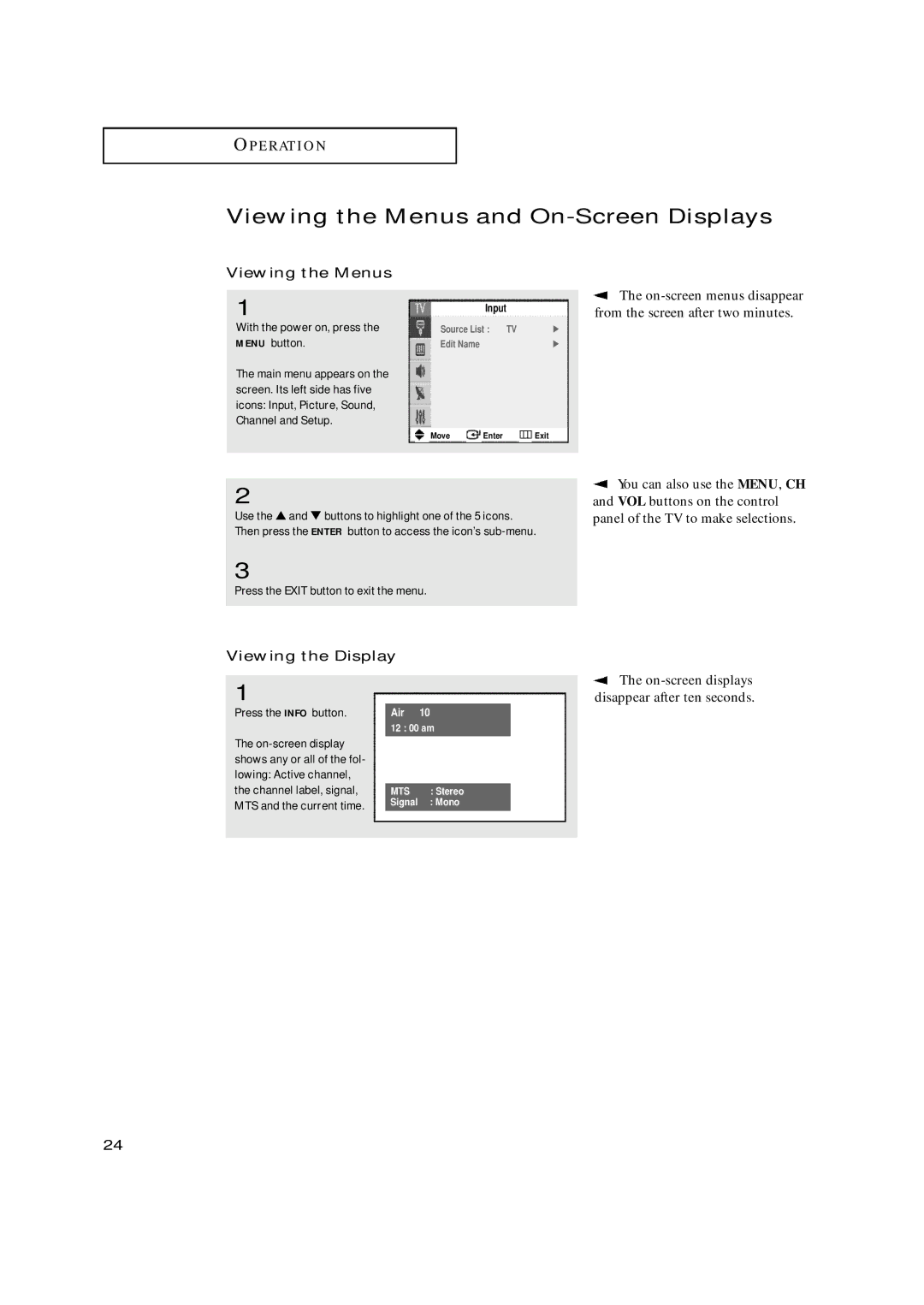 Samsung TX-N2668WH Viewing the Menus and On-Screen Displays, Viewing the Display, Press the Exit button to exit the menu 