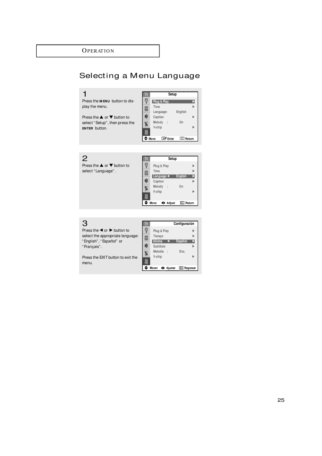 Samsung TX-N2668WH manual Selecting a Menu Language, Idioma Español √ 