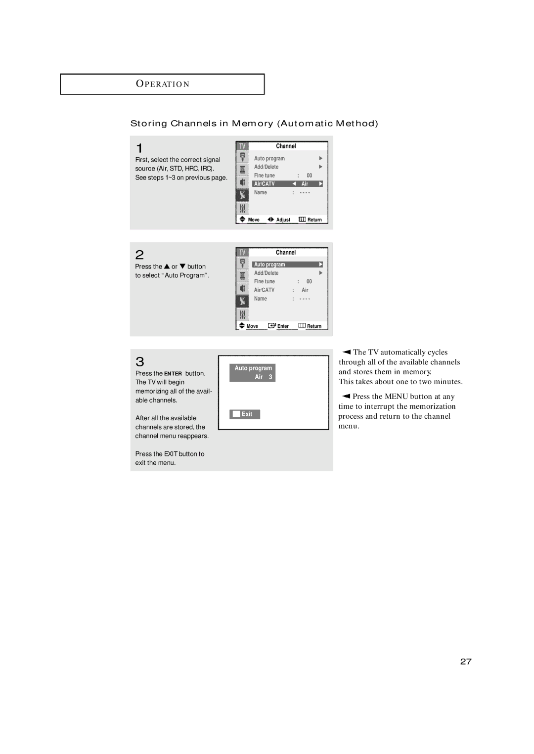 Samsung TX-N2668WH manual Storing Channels in Memory Automatic Method, Air/CATV, Auto program Air Exit 