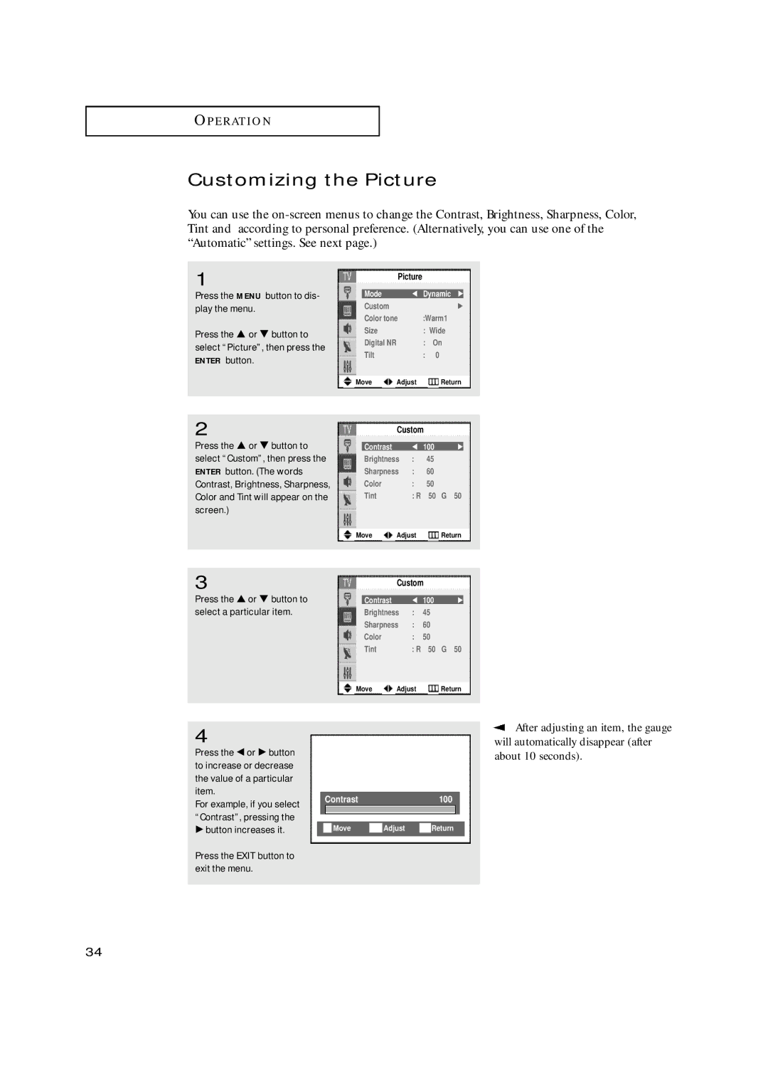 Samsung TX-N2668WH manual Customizing the Picture, Select a particular item 