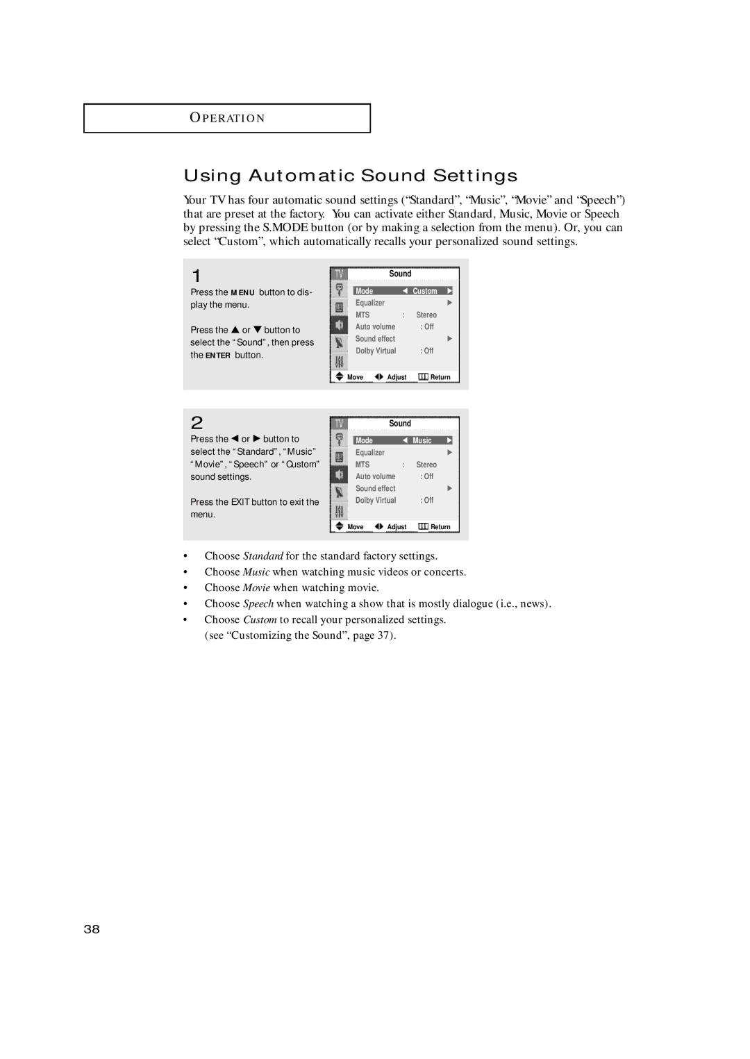 Samsung TX-N2668WH manual Using Automatic Sound Settings, Mode Music 