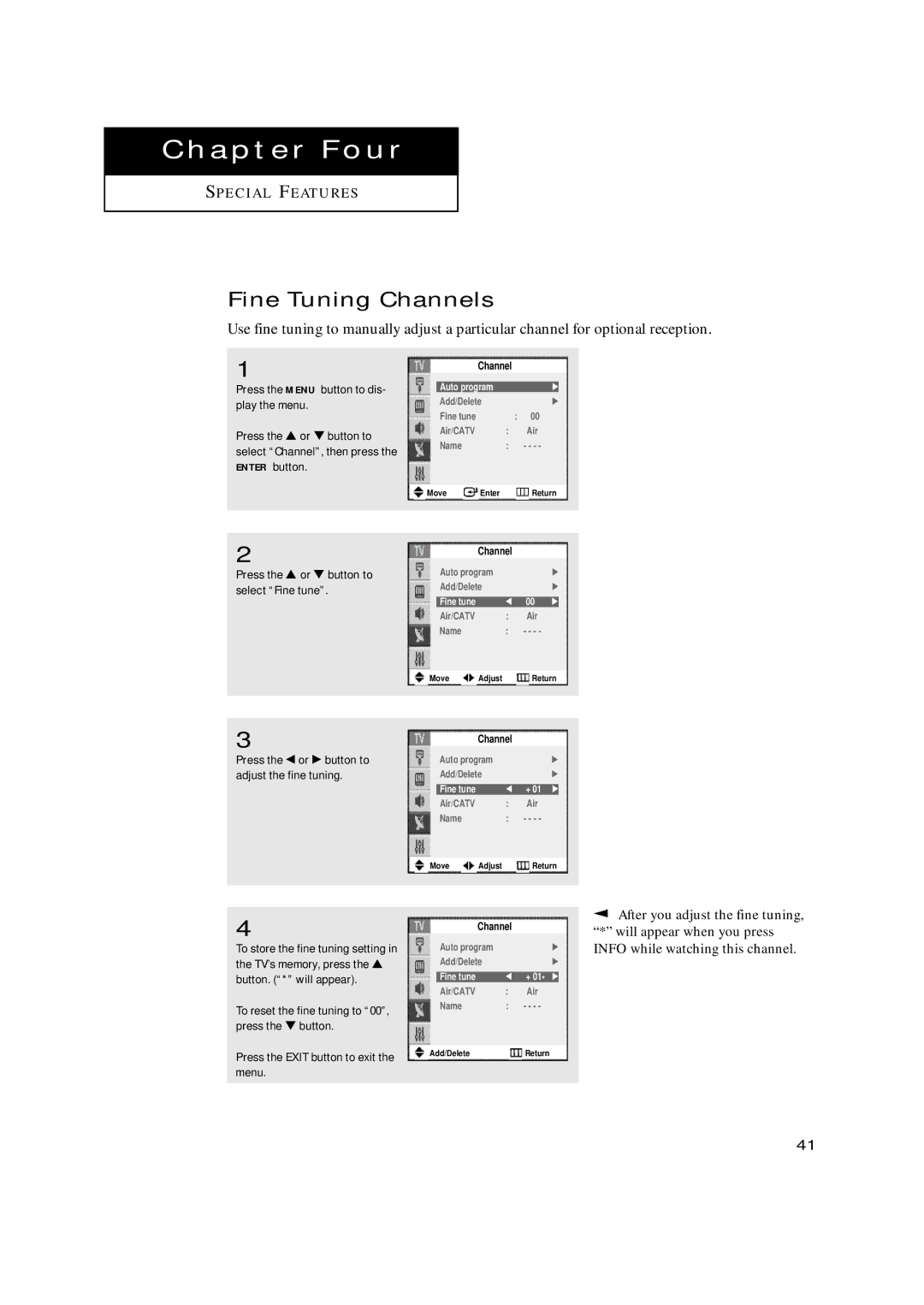 Samsung TX-N2668WH manual Fine Tuning Channels, Press the or button to select Fine tune, Fine tune + 01 √ 