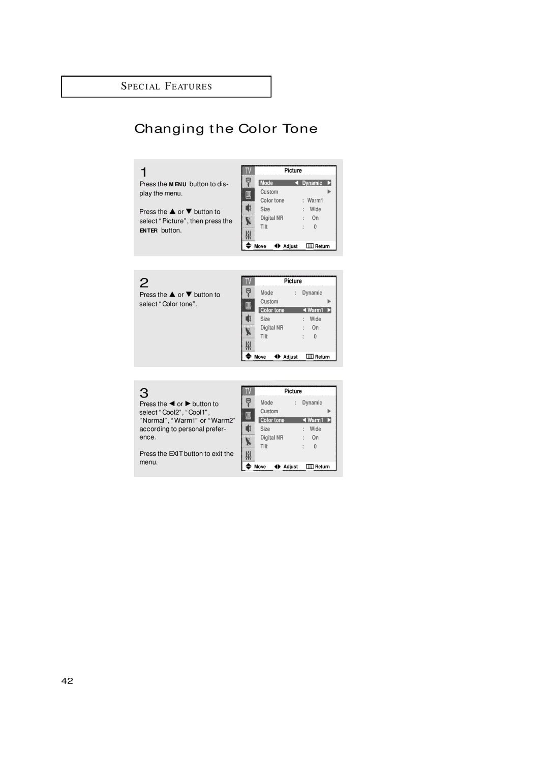 Samsung TX-N2668WH manual Changing the Color Tone, Press the … or † button to Select Color tone 