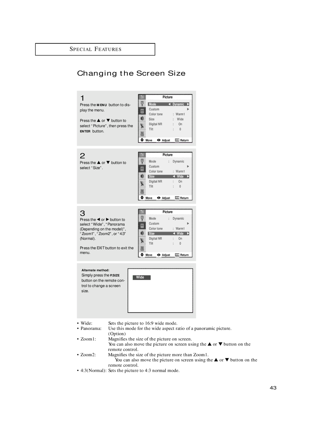 Samsung TX-N2668WH manual Changing the Screen Size, Press the … or † button to Select Size, Simply press the P.SIZE 