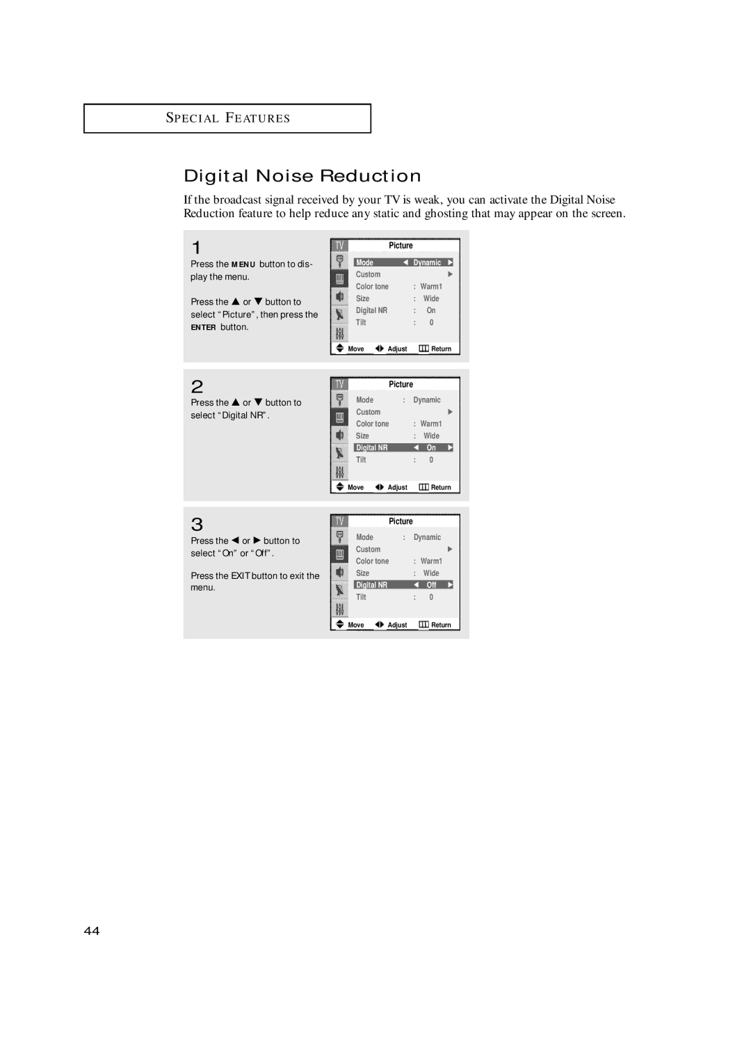 Samsung TX-N2668WH manual Digital Noise Reduction, Press the … or † button to Select Digital NR, On √, Digital NR Off √ 