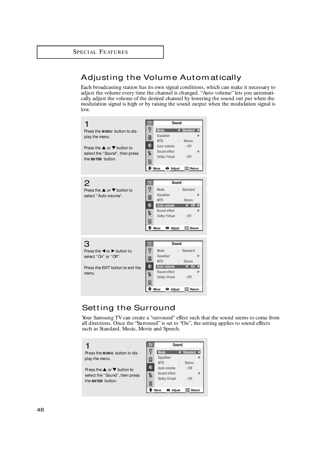 Samsung TX-N2668WH manual Adjusting the Volume Automatically, Setting the Surround, Auto volume Off √ 